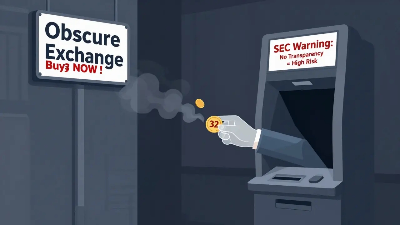A person withdrawing a disappearing token from a shady ATM in a dark alley labeled 'Obscure Exchange'.