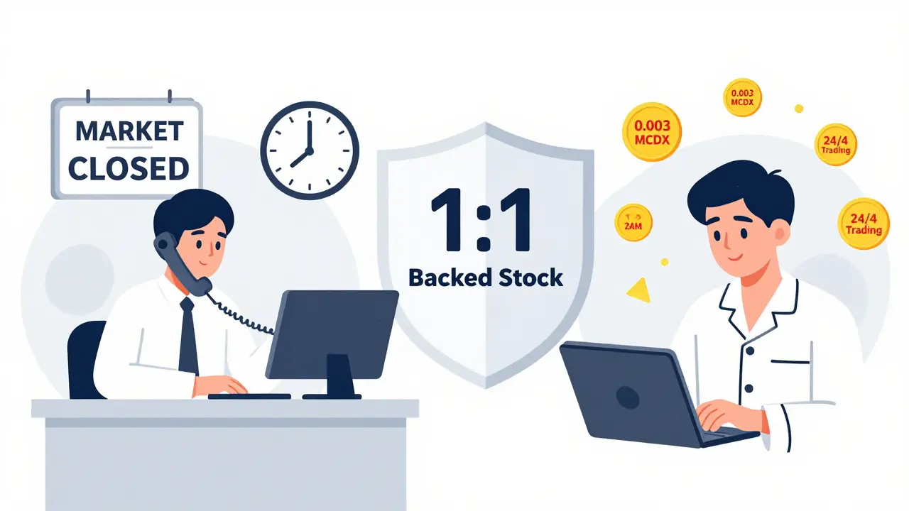 A side-by-side scene of a traditional stock trader at closing time versus a person trading MCDX at night on a tablet.
