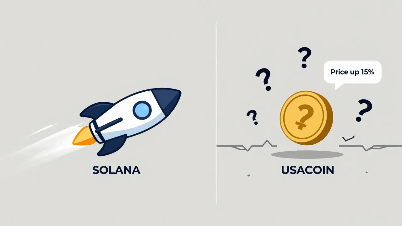 A Solana rocket on one side and a glitchy USACOIN token alone on a barren digital landscape.