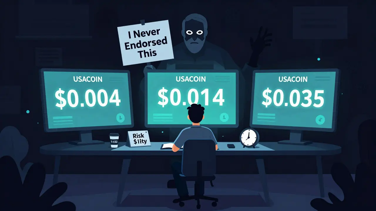 A trader stares at conflicting USACOIN prices while a shadowy figure mimics Peter Schiff in the background.