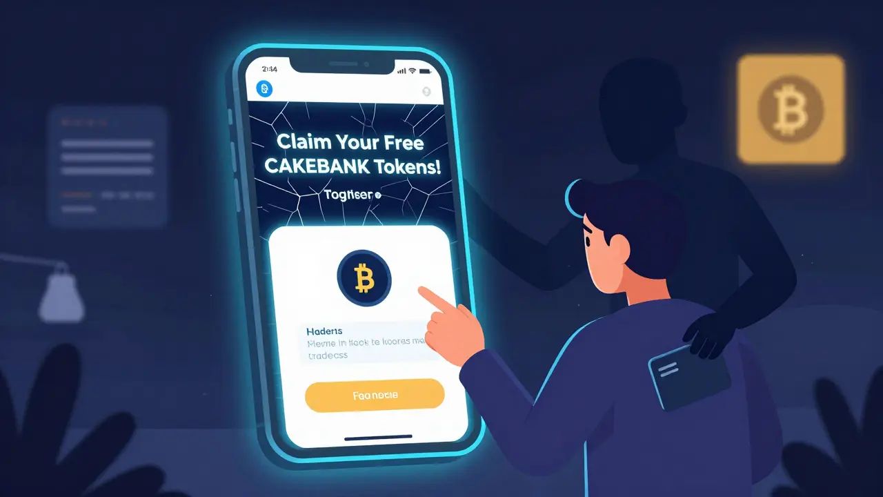 A user deceived by a fake crypto airdrop portal while a scammer steals their wallet in the background.