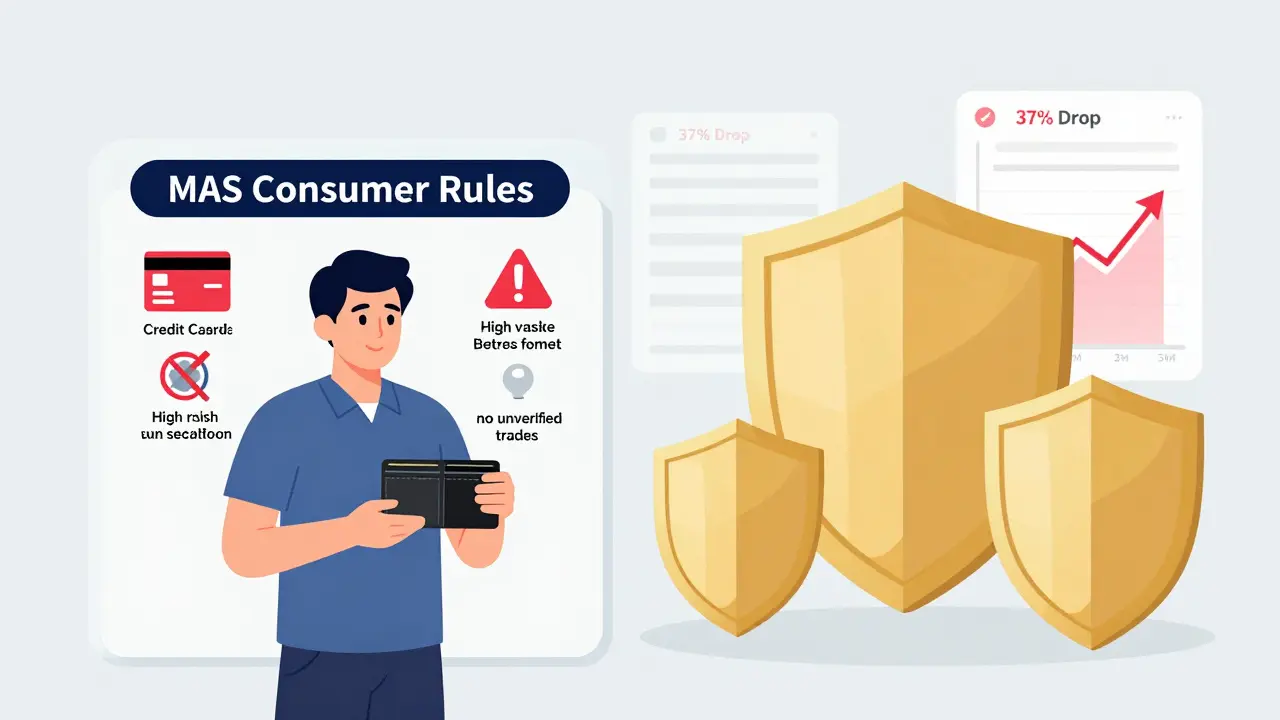 A user is blocked from crypto trading by MAS consumer rules, while only a few licensed platforms remain visible.