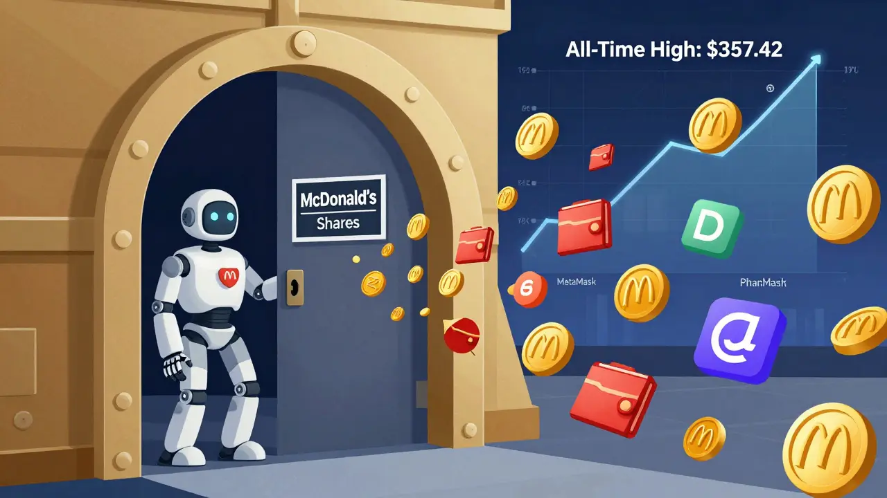 A vault holding real McDonald’s shares guarded by a robot, while MCDX tokens fly to digital wallets.