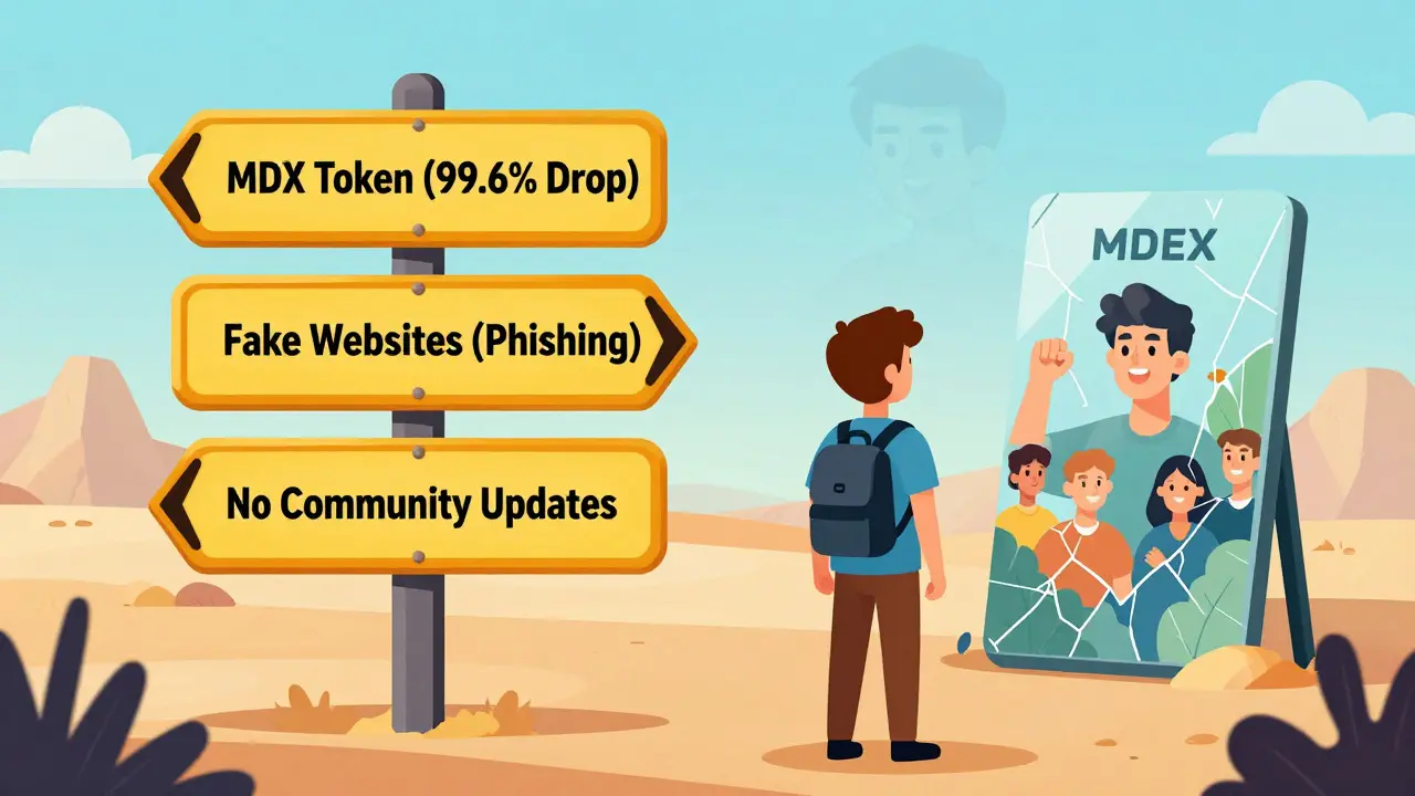 A warning signpost in a digital desert pointing to MDEX's collapse, with a traveler facing its ghostly past.