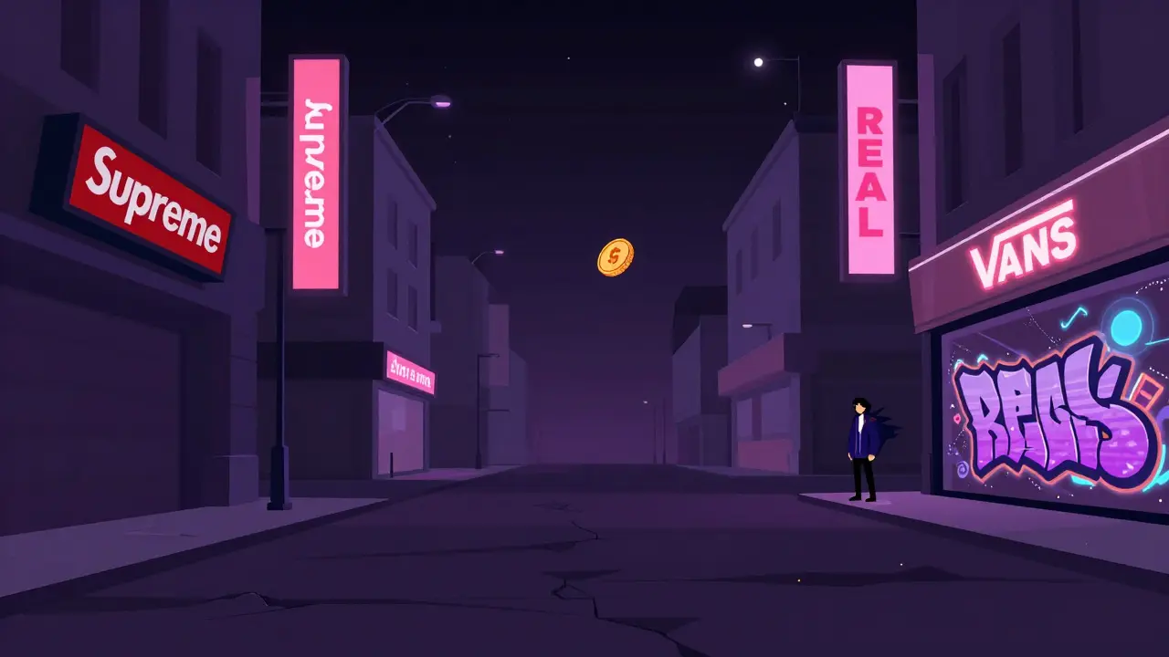 An empty virtual street at night with branded storefronts and a lone avatar beneath a fading holographic mural.