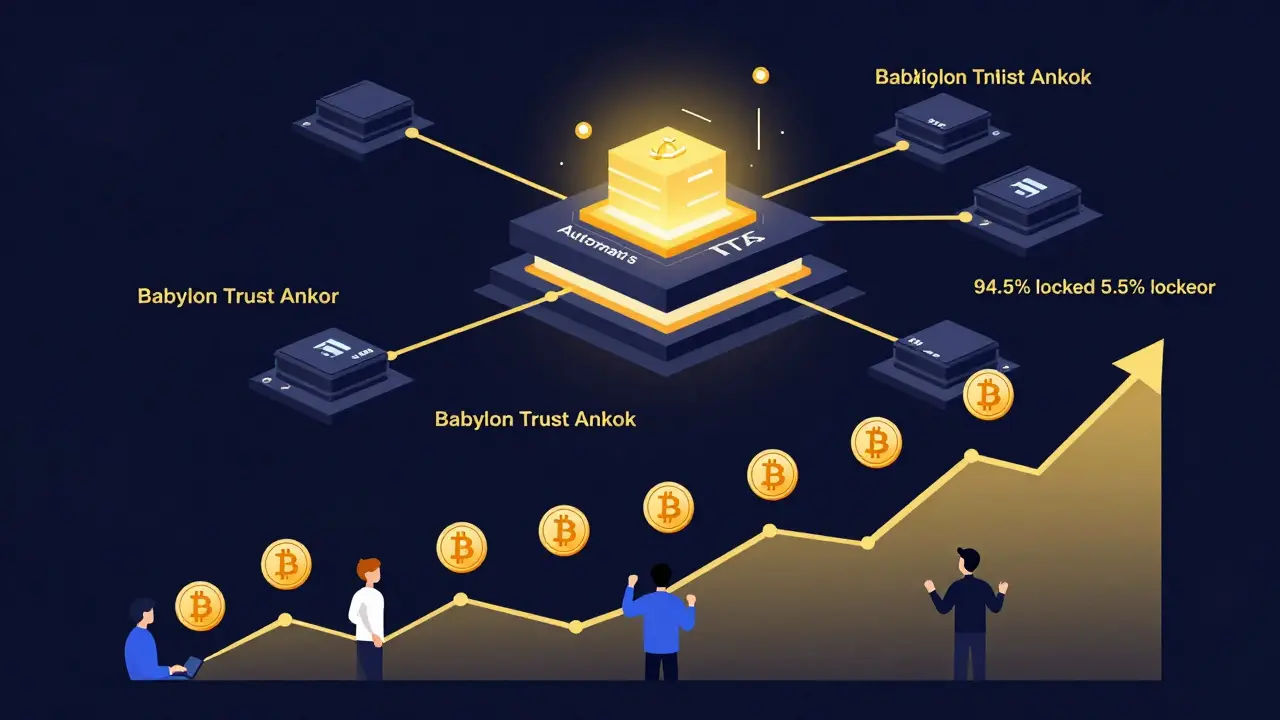 Automata's privacy core connected to Bitcoin staking nodes, with ATA tokens rising as most remain locked in circulation.