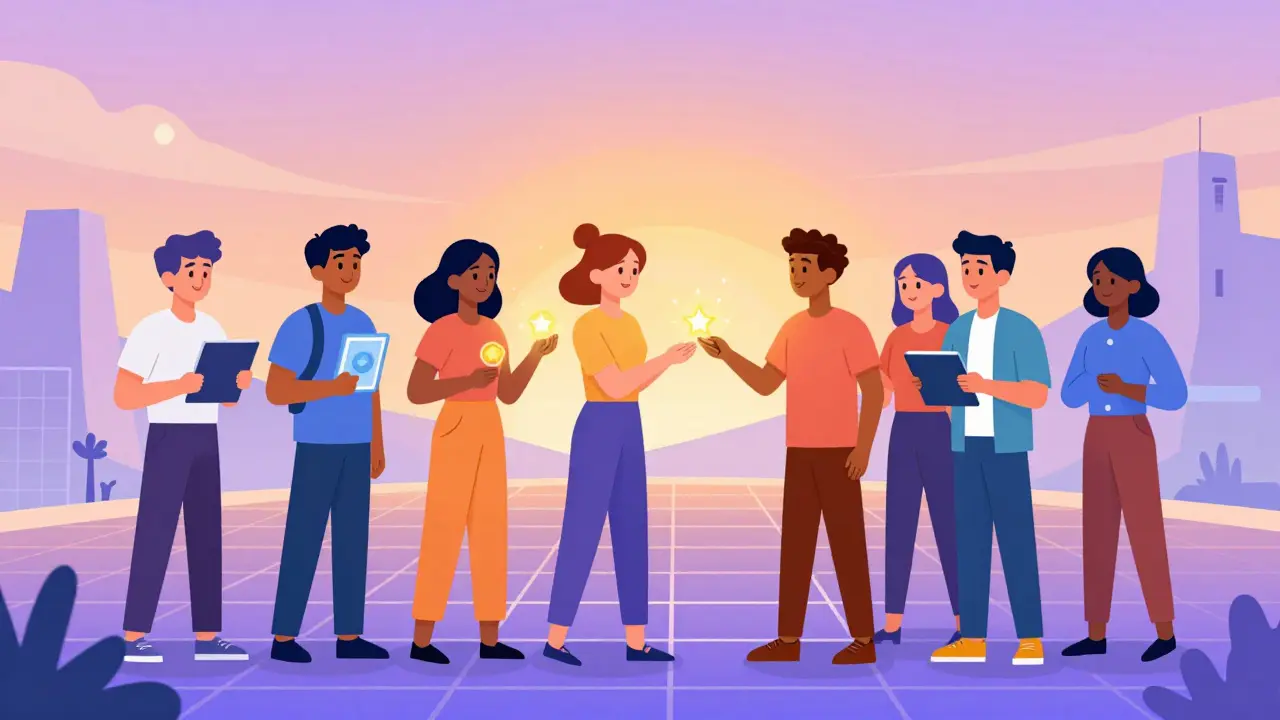 Avatars exchange tokens in light grid plaza, showing creator monetization.