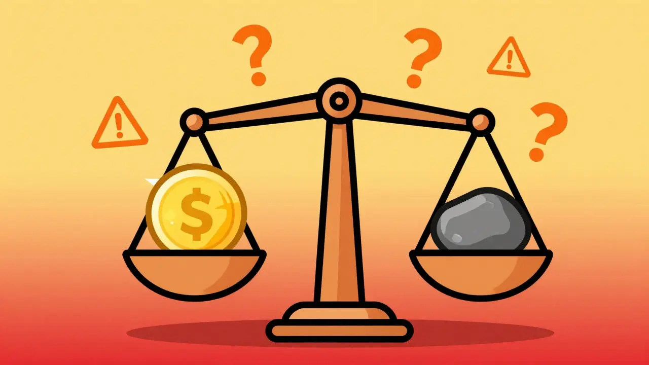Balance scale showing conflicting token prices with warning signs.