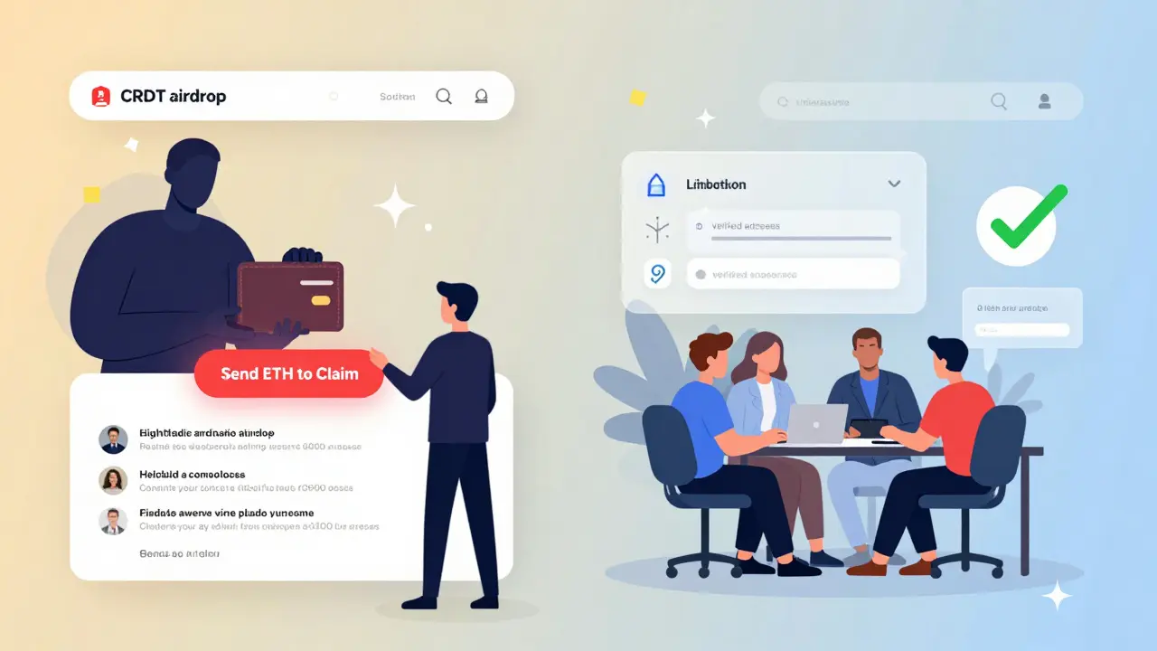 Comparison between a fake CRDT airdrop and a legitimate blockchain project with verified team.