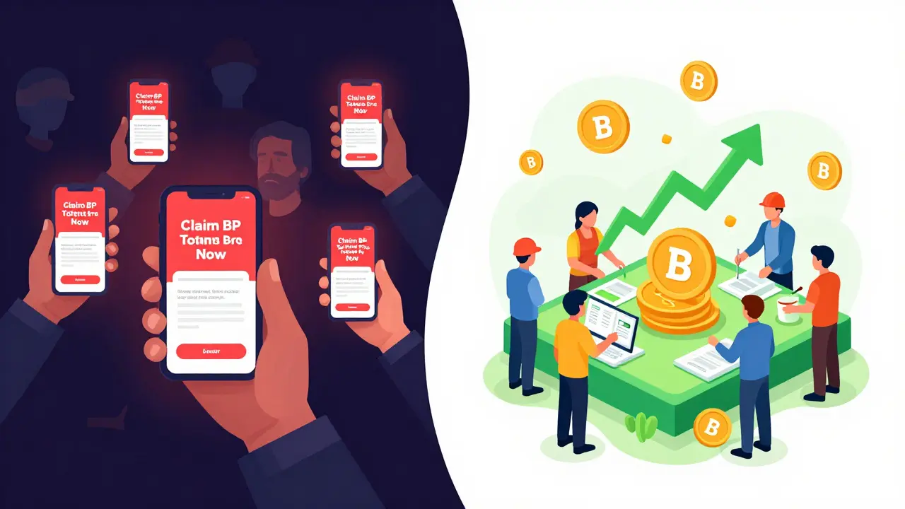 Contrast between scammer fake airdrop pages and real developers using BunnyPark's infrastructure.