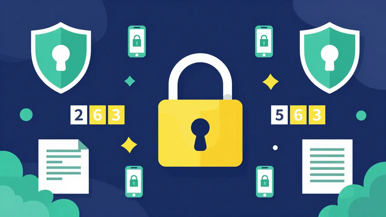 Cryptocurrency security symbols including padlocks and authentication icons in cartoon style
