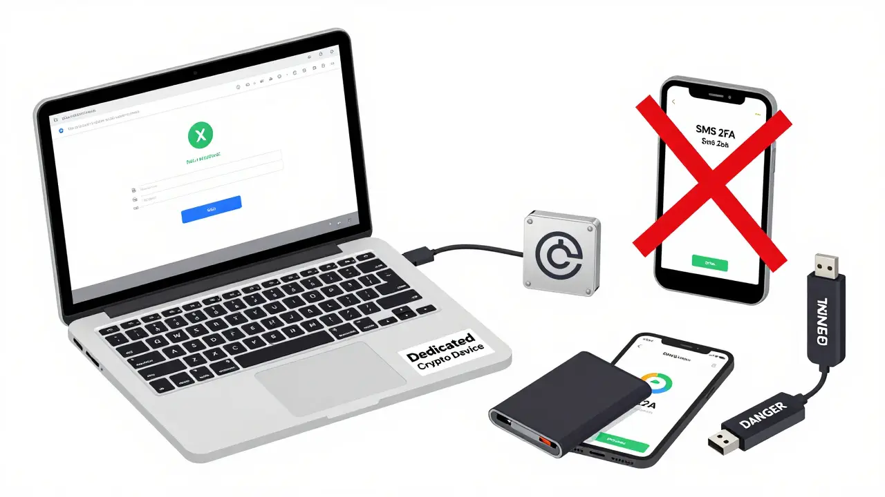 Dedicated crypto device with hardware wallet, metal seed backup, and password manager, while SMS 2FA and USB drive are crossed out.