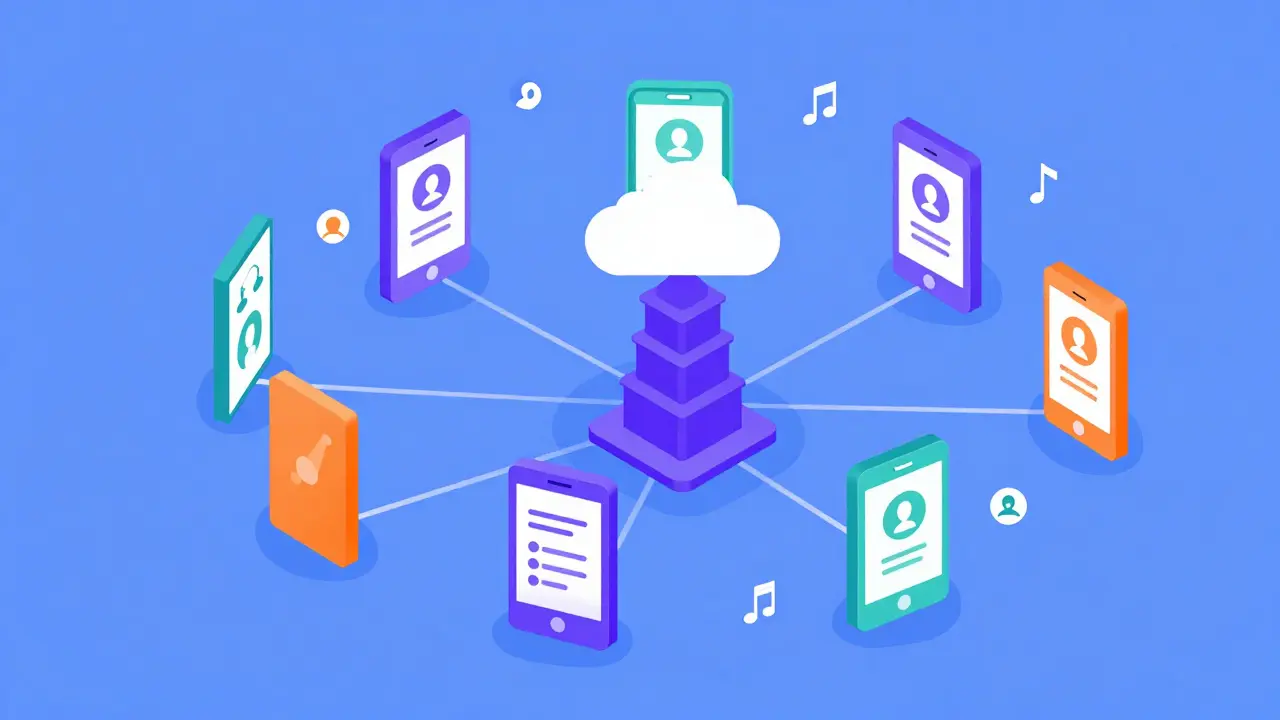 Devices connect via decentralized nodes sharing data icons instead of one server.