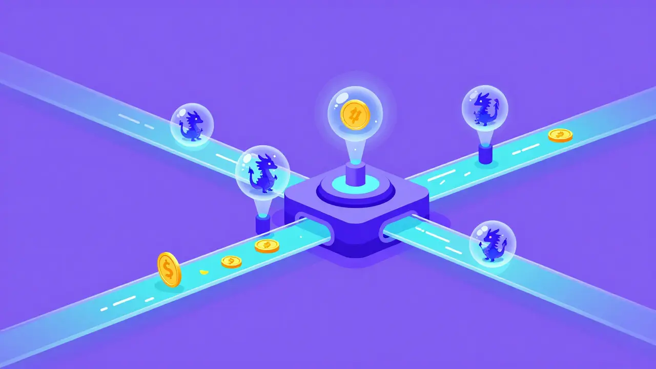 Digital streams of tokens flowing into a central hub cartoon style