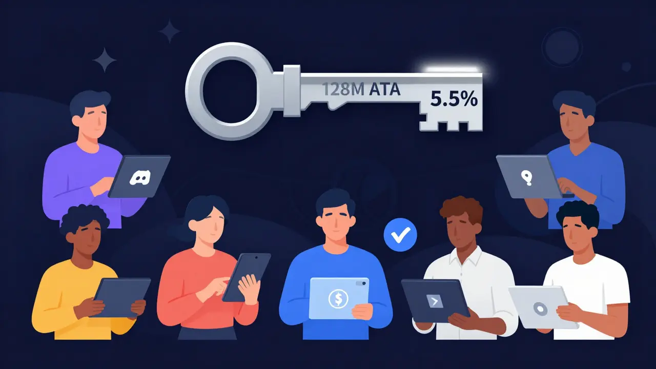 Diverse users completing tasks to earn ATA tokens, with a partially unlocked key representing the community airdrop allocation.