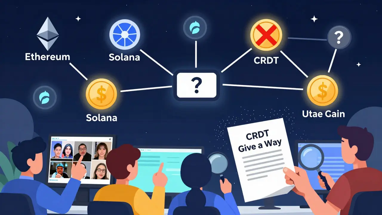 Empty blockchain space where CRDT token should be, with fake promotion signs nearby.