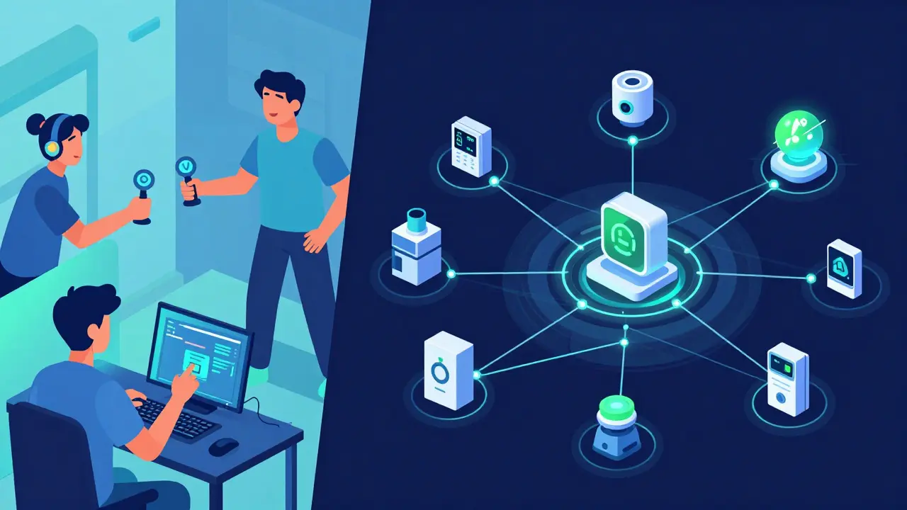 Gamer trades NFTs instantly while IoT devices exchange micro-payments through a glowing network of connections.