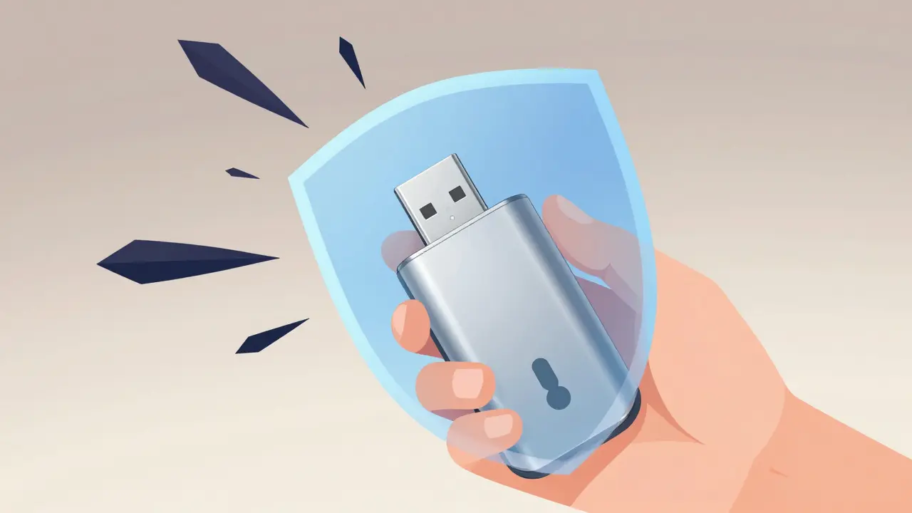 Hands holding security device guarded by protective shield