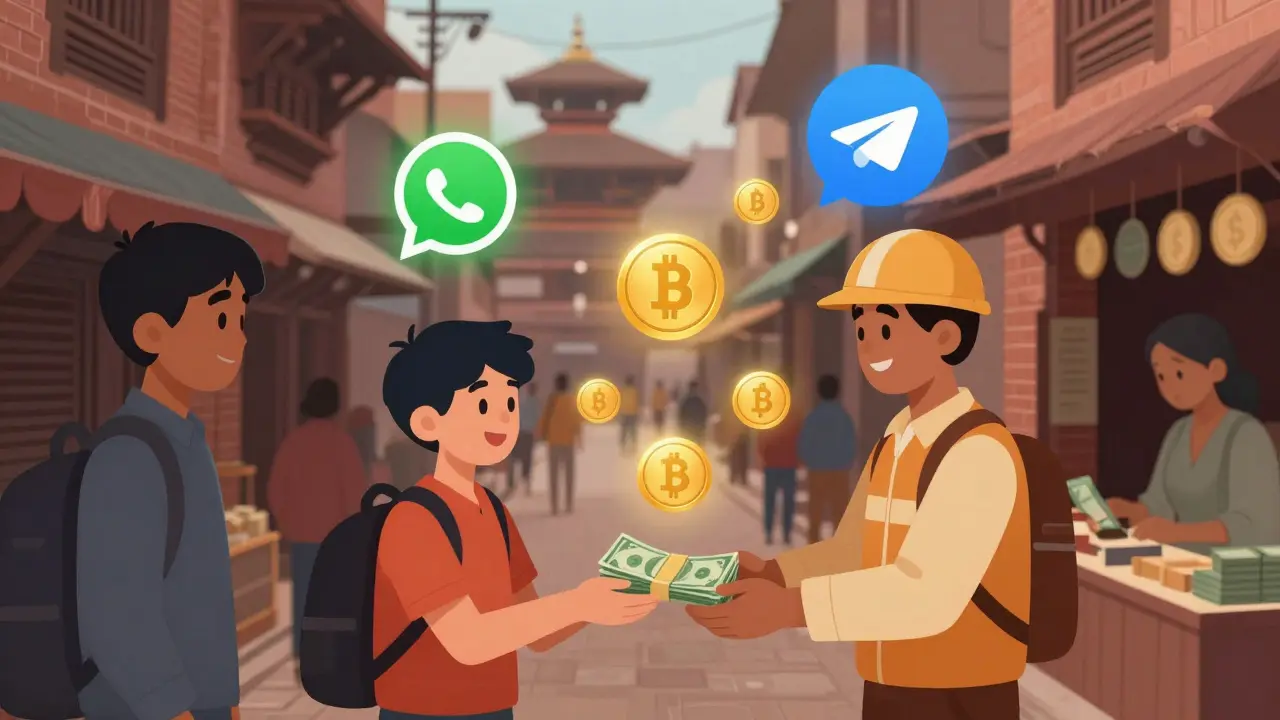 Hidden crypto remittance network in Nepal: people exchange cash for digital coins through trusted personal connections.