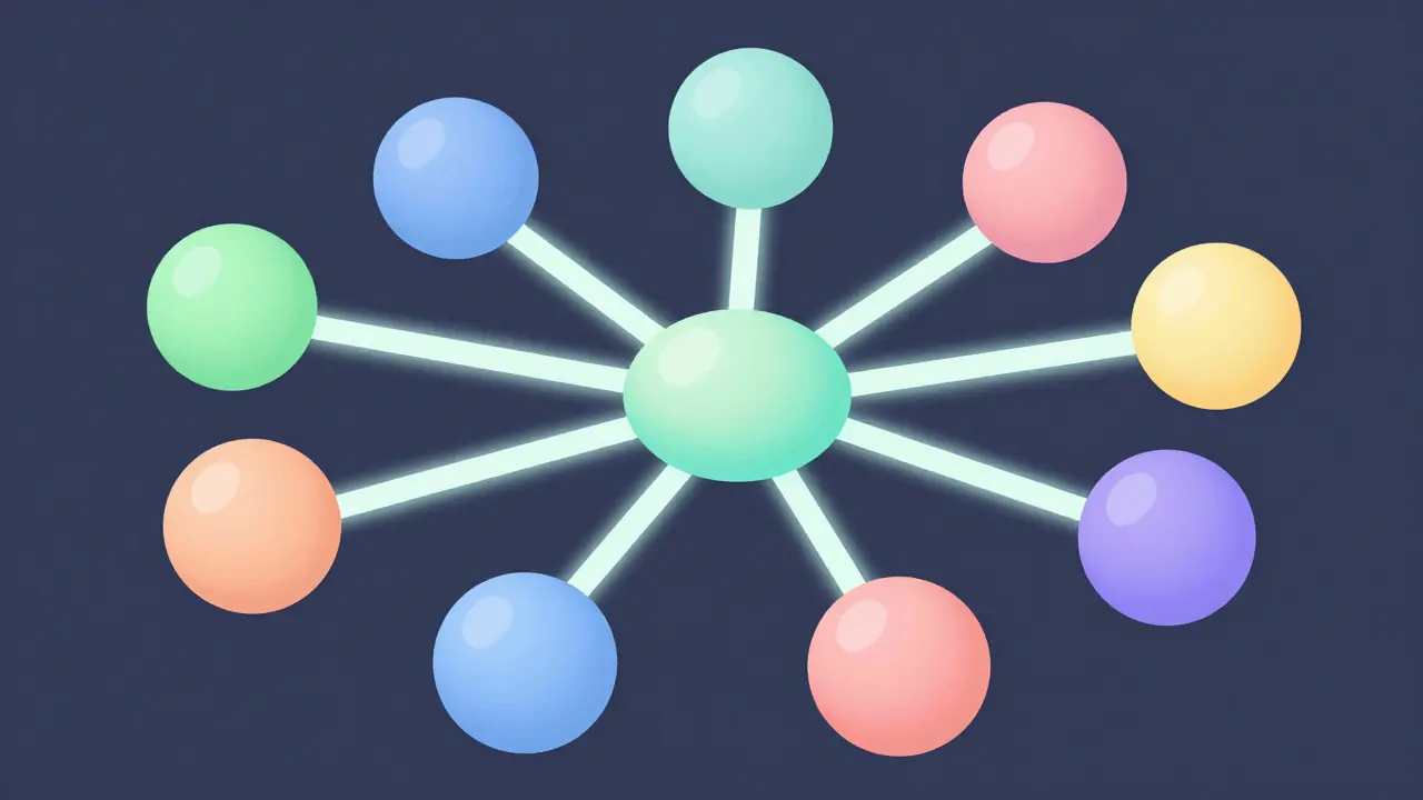 Interconnected blockchain network spheres showing cross-chain links.