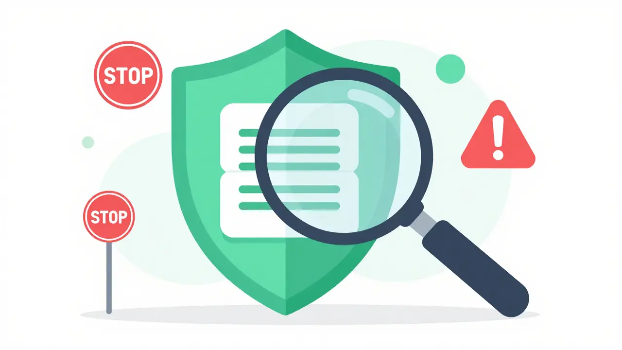 Magnifying glass inspecting blockchain for security verification.