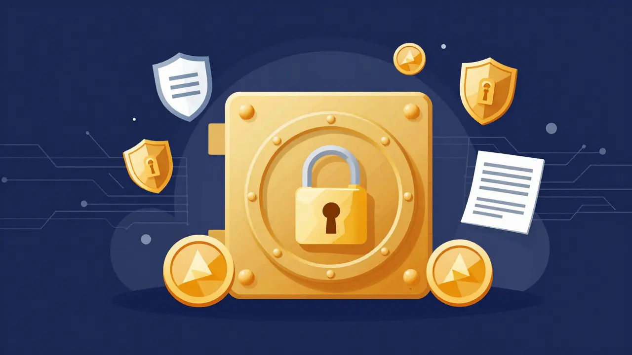 Secure vault with floating governance tokens and security shields.