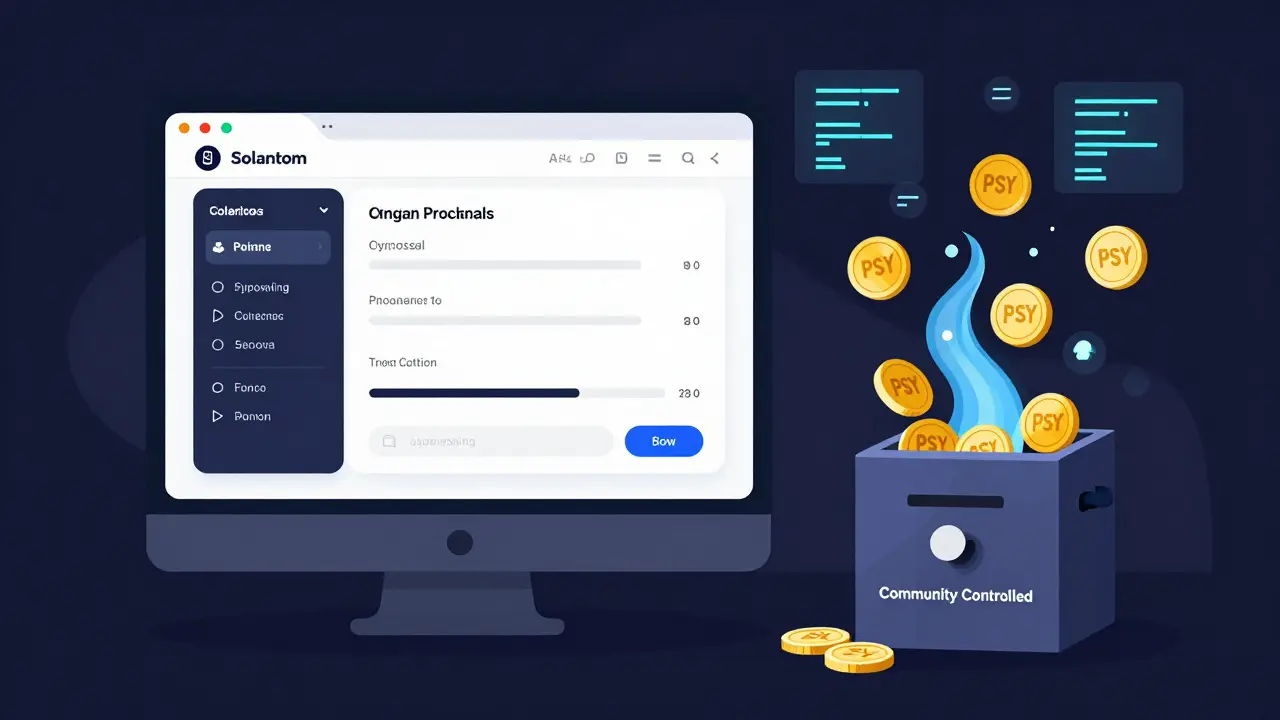 Solana wallet interface displaying active governance proposals and PSY token flows to a community treasury.