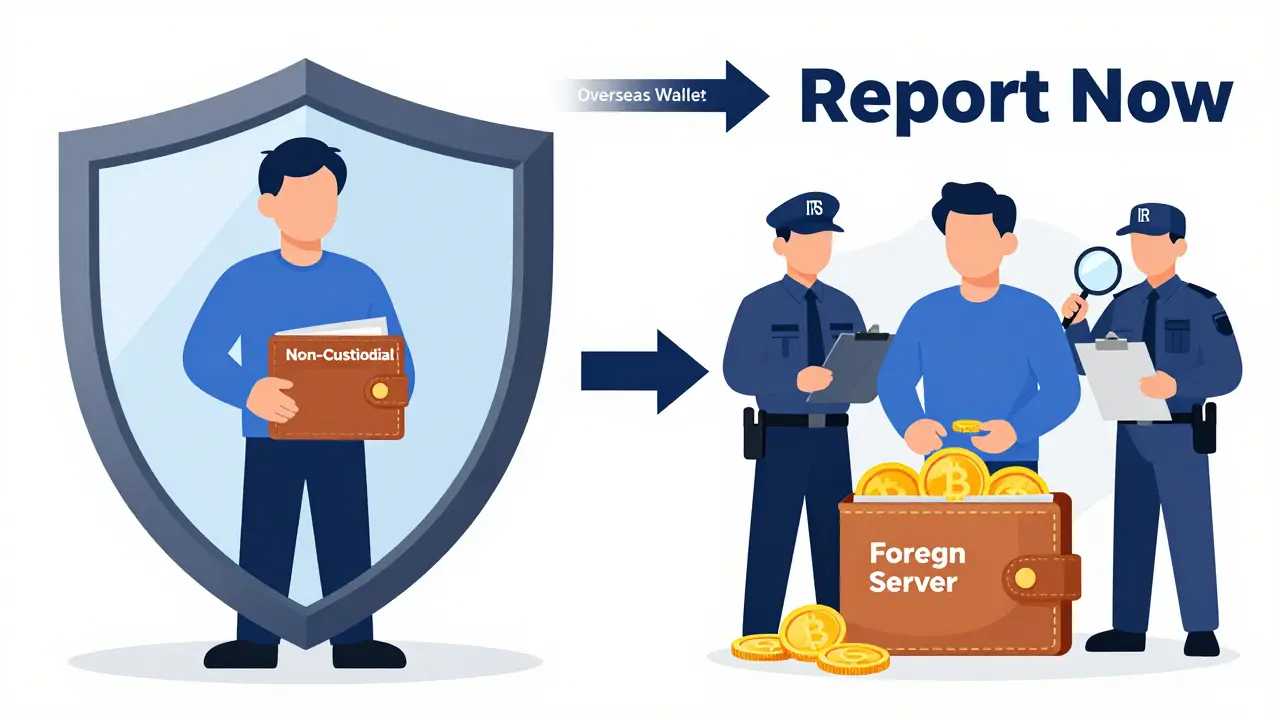Split scene: safe US wallet vs. risky foreign wallet with IRS agents watching
