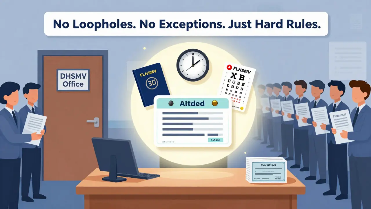 Temporary Florida driver's license floating above essential documents and a countdown clock to 30 days.