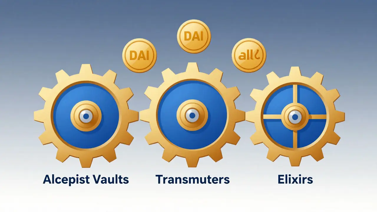 Three interconnected mechanical systems — Vaults, Transmuters, and Elixirs — turning like clockwork gears to maintain stable alUSD.