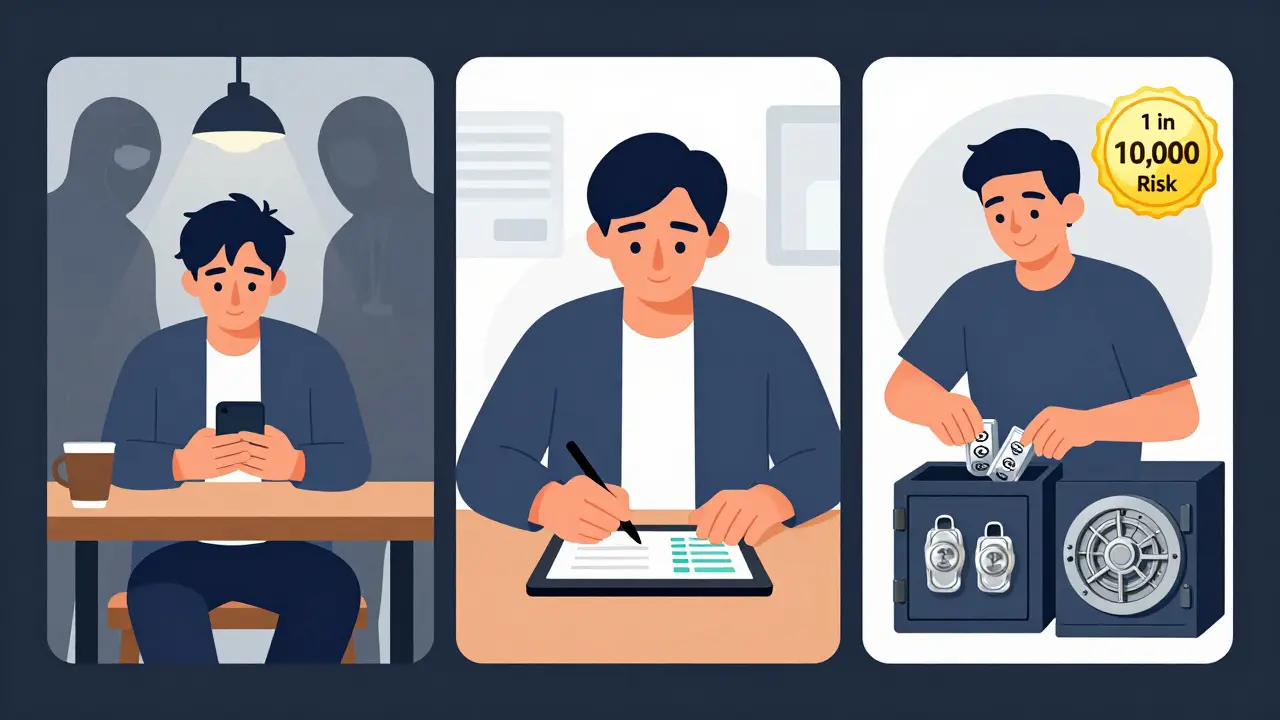 Three-panel illustration showing risky crypto use, safe transaction verification, and secure seed phrase storage in safe and vault.
