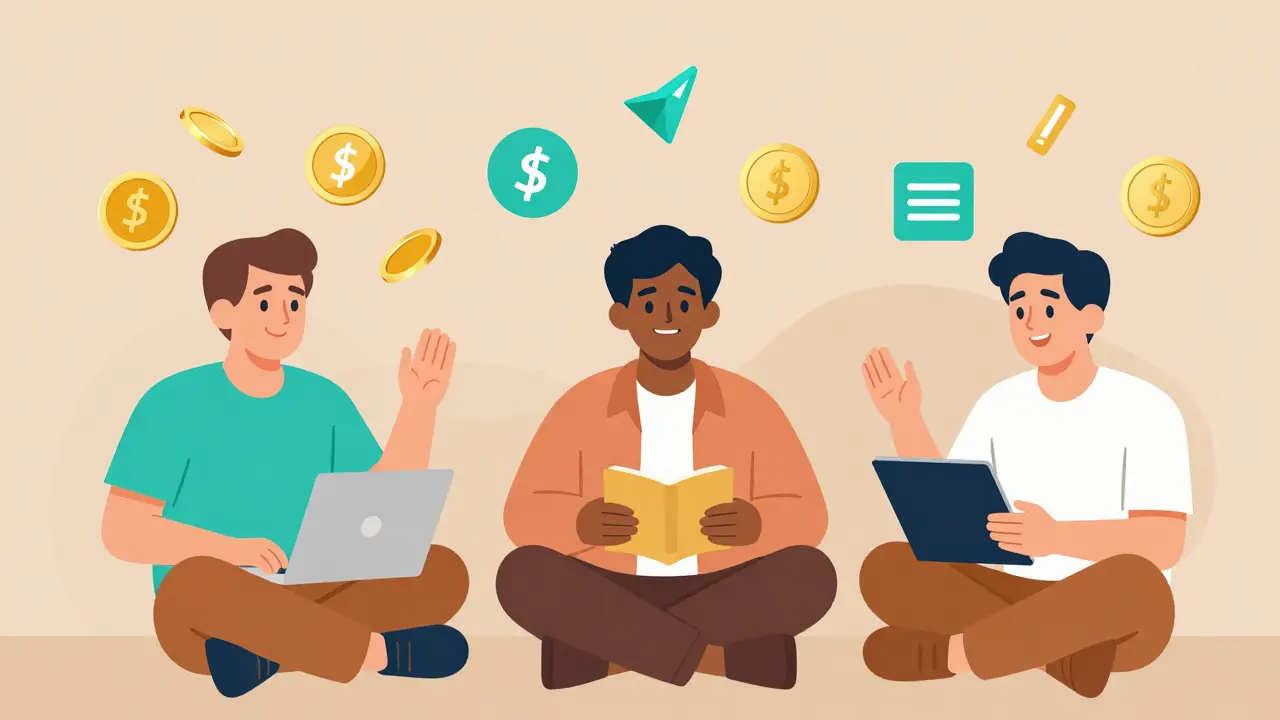 Three types of users smile as alUSD tokens transform into yield and loan repayment symbols, representing automated DeFi benefits.