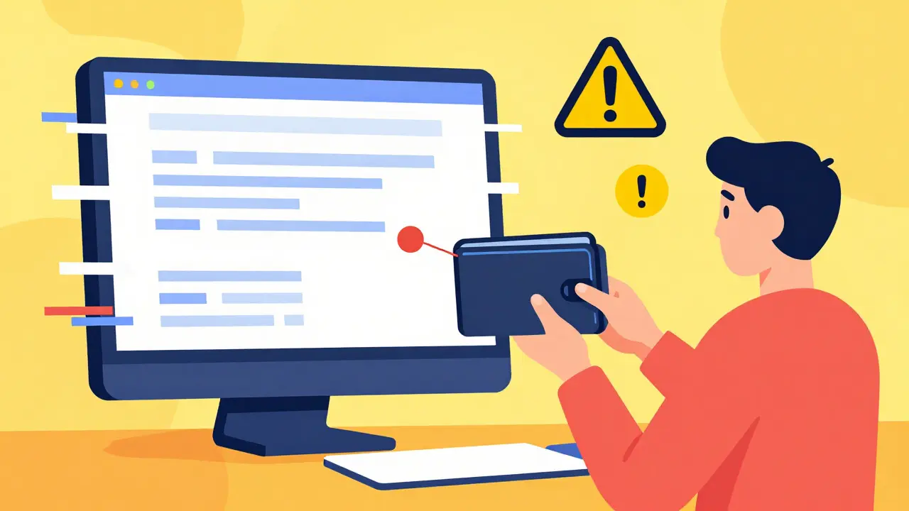 User connecting wallet to glitchy interface with warning symbols.