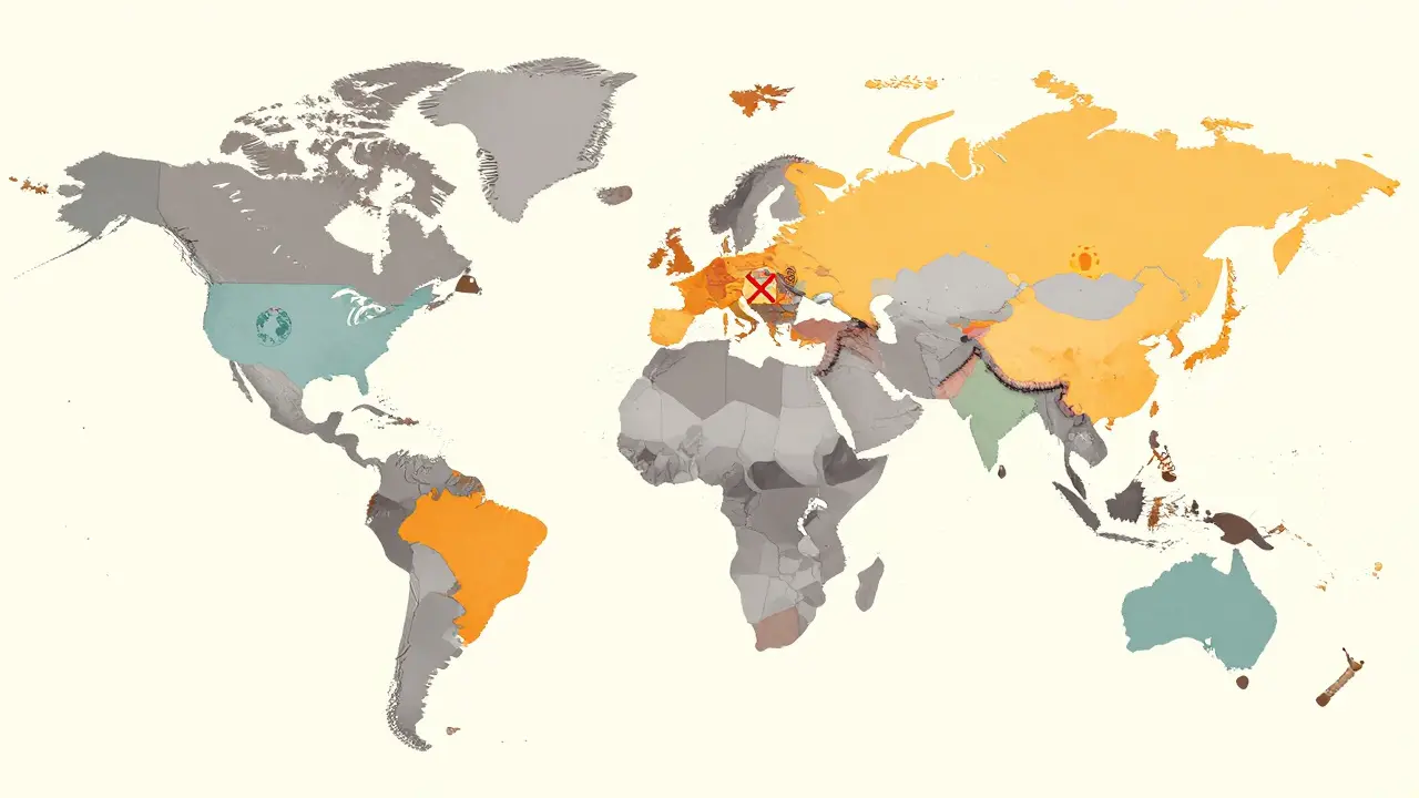 World map showing accessible and restricted regions for cryptocurrency trading platform