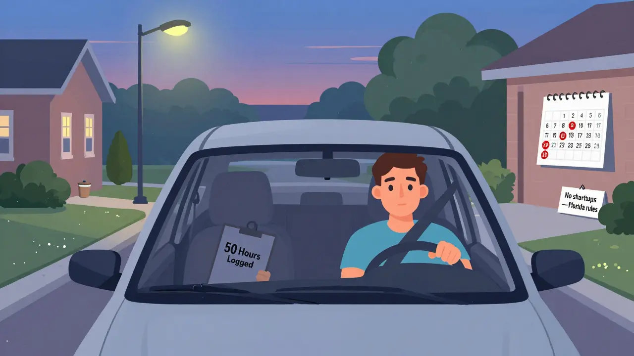 Young driver practicing three-point turn with parent supervising, calendar showing 12 months until license eligibility.