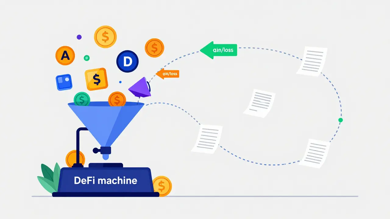 A conceptual machine showing the complex flow of DeFi tokens and a trailing paper record.