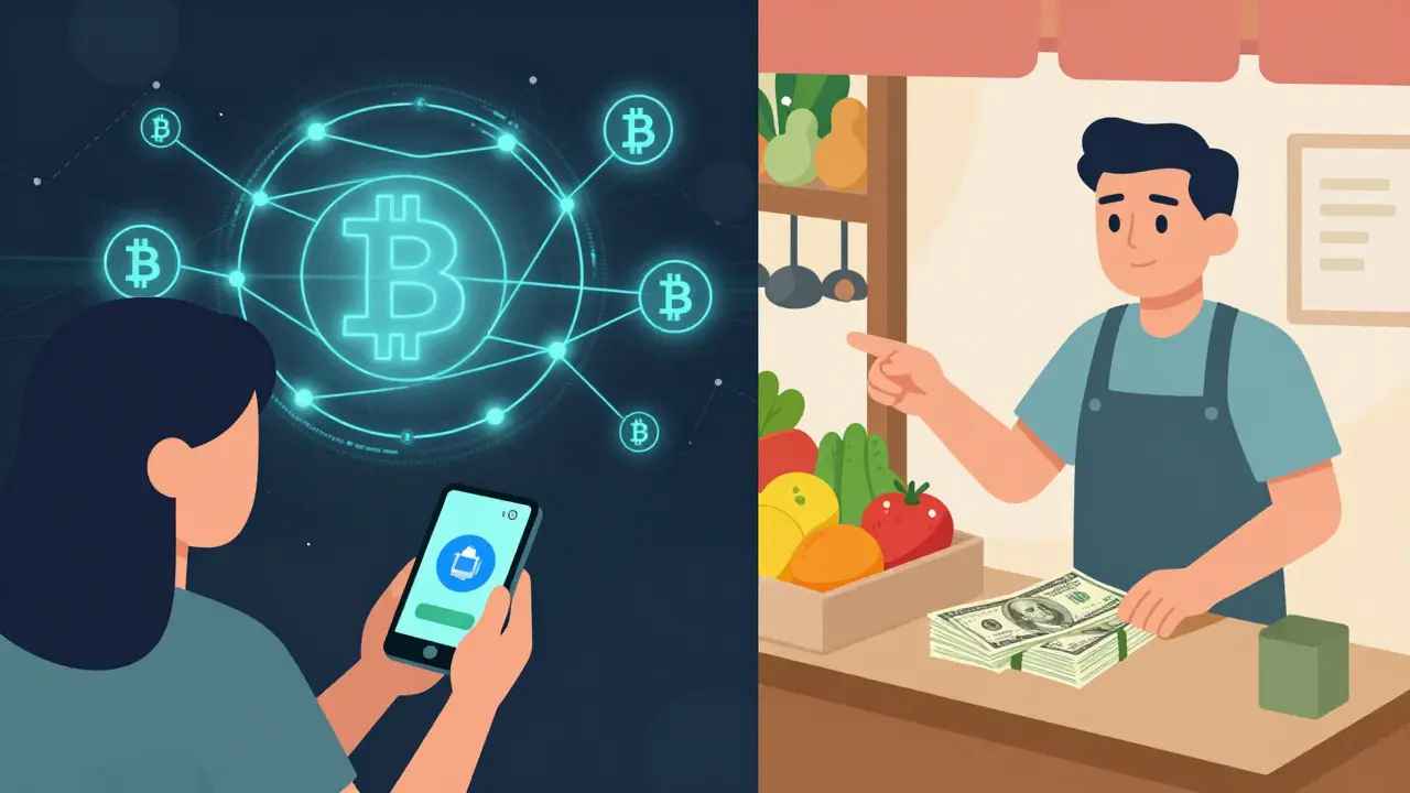 A customer trying to pay with Bitcoin at a market where US dollars are preferred.