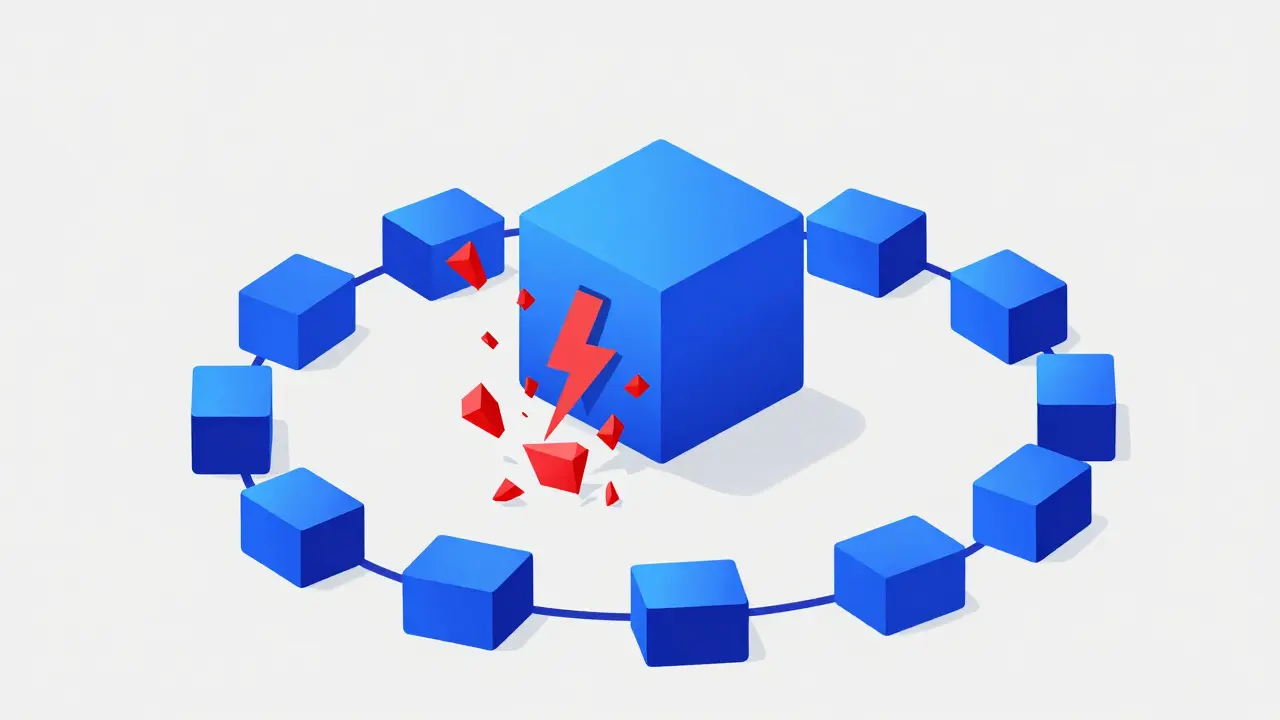 A digital node being broken apart by a lightning bolt to represent the slashing mechanism in PoS.