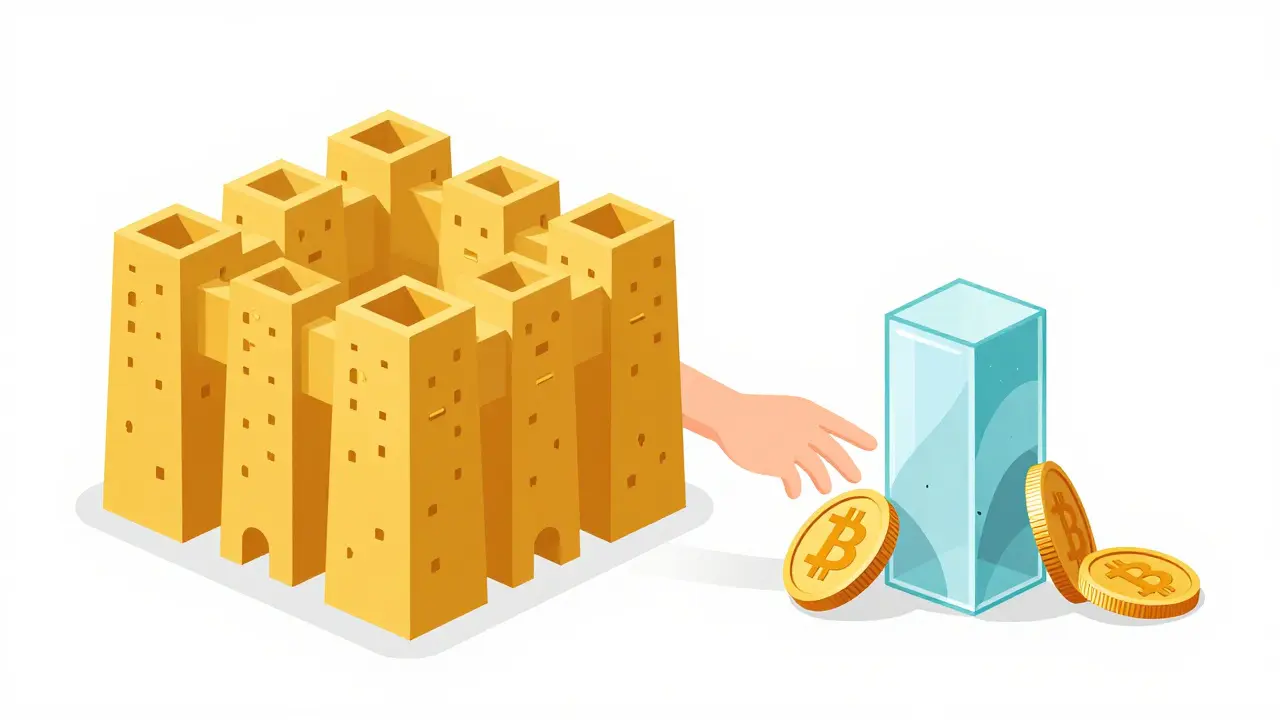 A giant golden fortress next to a small fragile glass tower symbolizing network security levels.