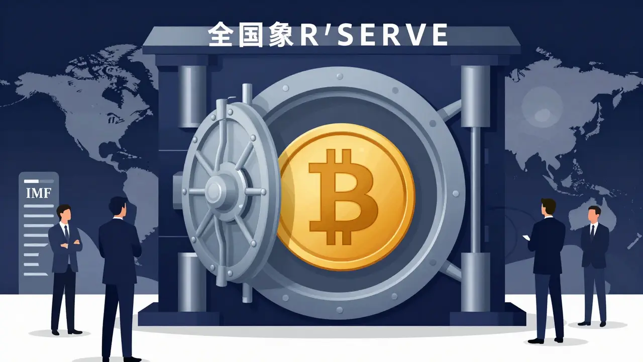 A large golden Bitcoin stored inside a secure government vault.