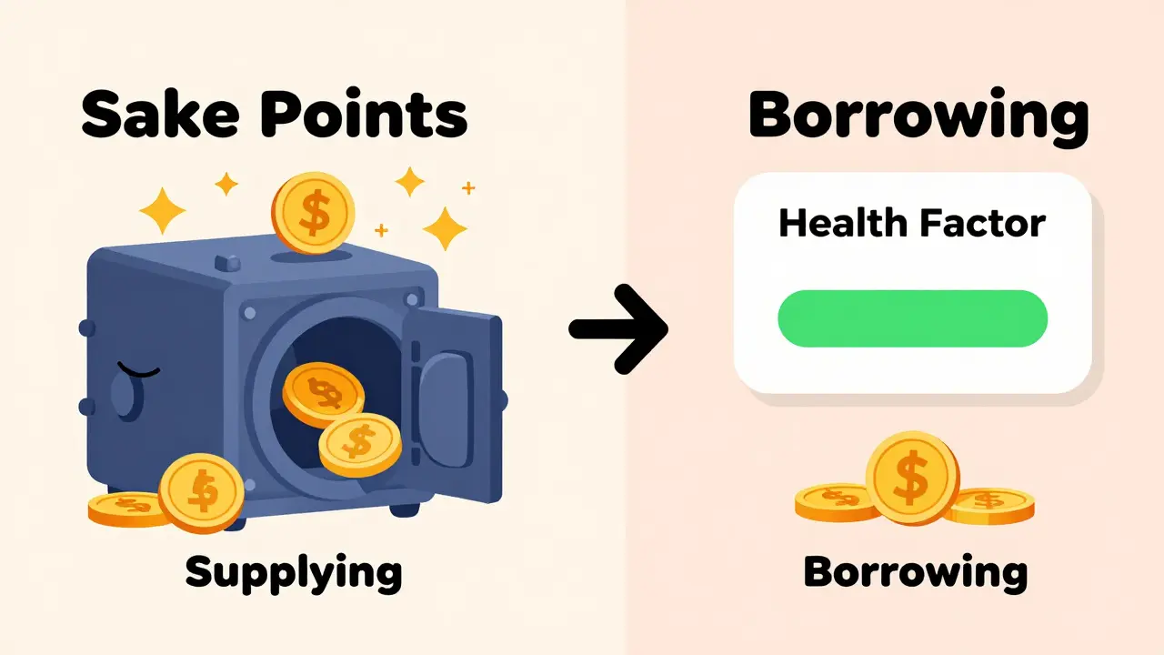 A person depositing digital assets into a vault to earn SAKE points with a health gauge.