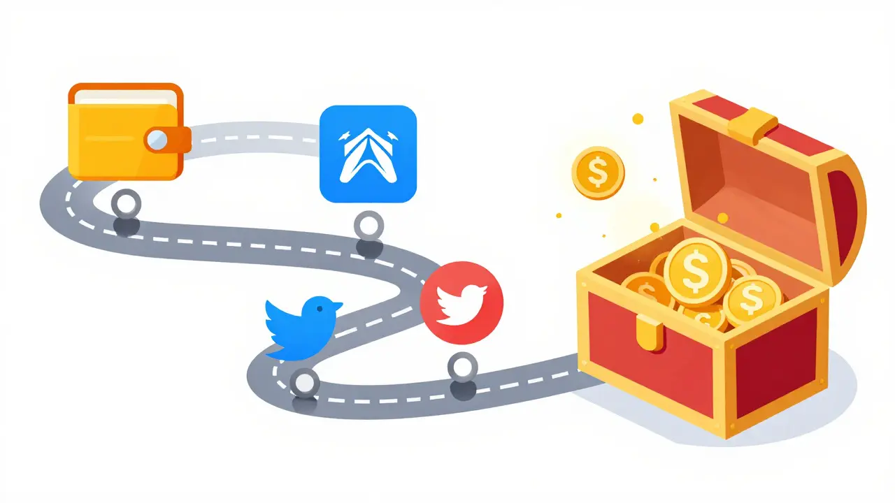 A visual path showing steps from wallet connection to earning SAKE token rewards.