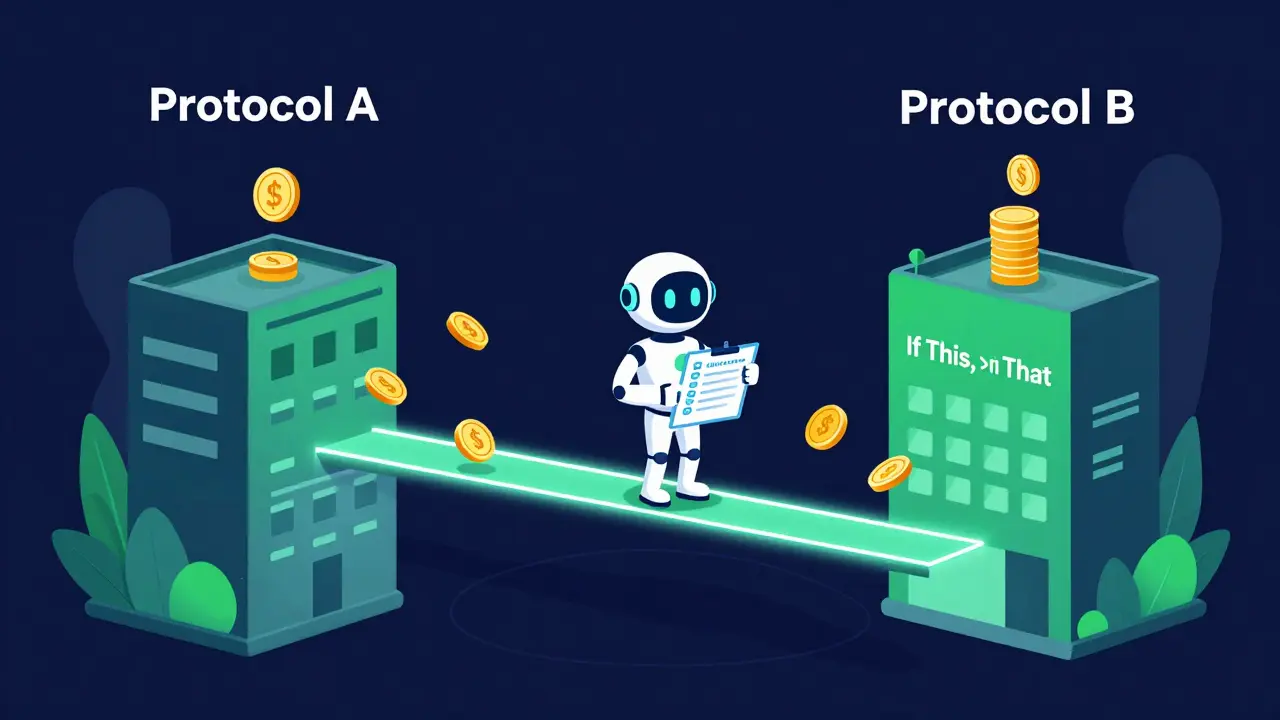 AI bot automatically moving tokens between DeFi protocols on a neon path