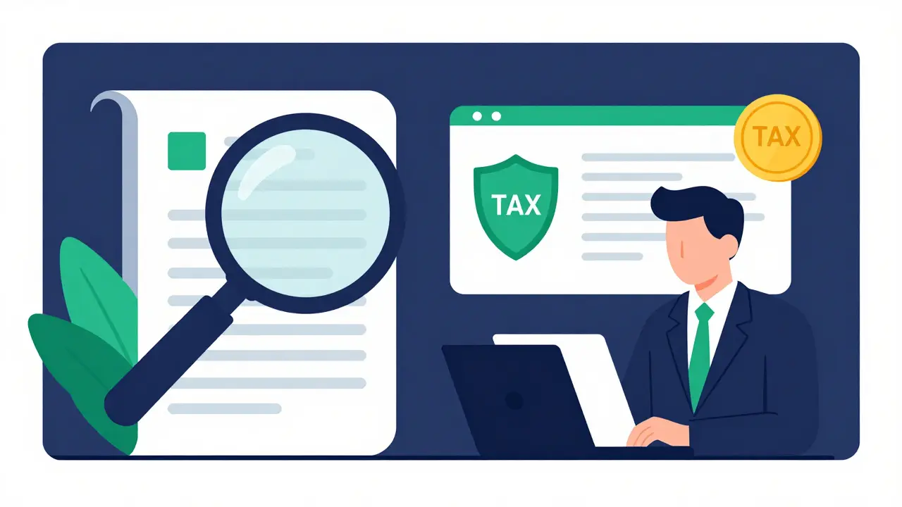 An accountant using a magnifying glass to audit a blockchain ledger for tax compliance.