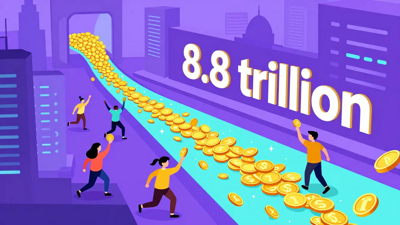 Cartoon characters catching a river of millions of tiny gold coins in a digital city.