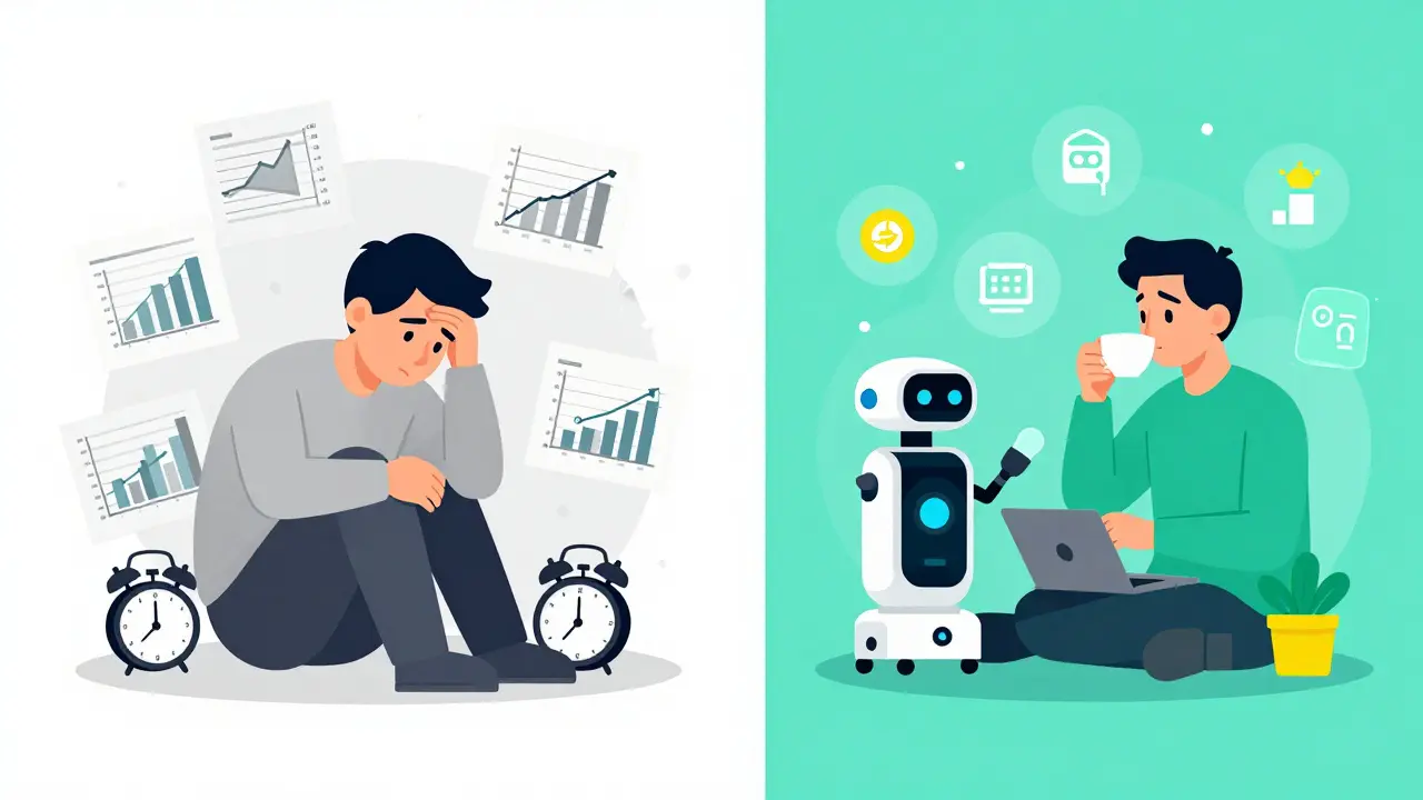 Comparison between a stressed manual trader and a relaxed user with an AI agent