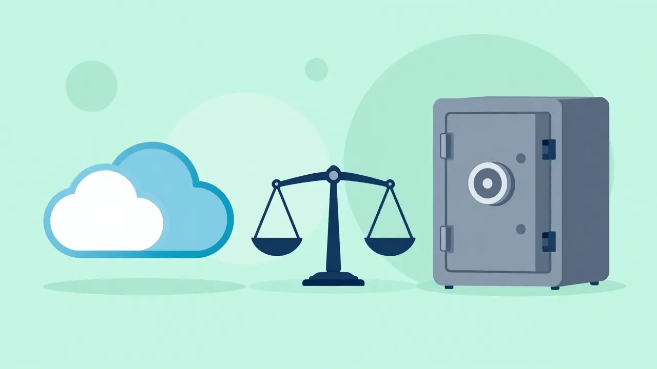 Drawing comparing cloud and safe storage options for digital assets.