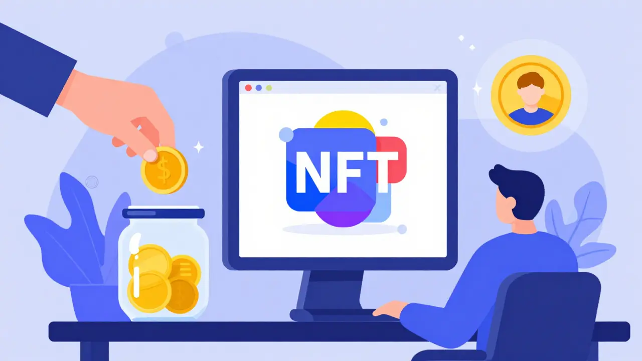 Flat design showing digital tipping, content NFTs, and creator coins in a creative workspace.