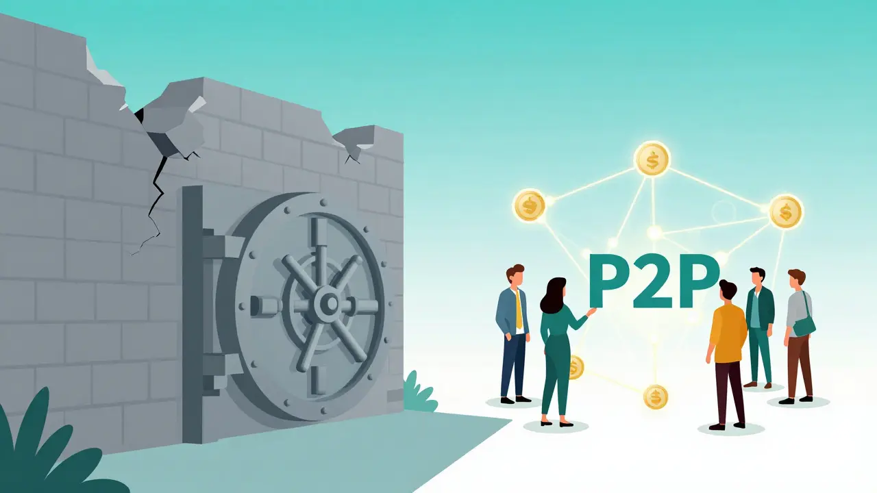 Flat illustration contrasting a closed bank vault with an open peer-to-peer digital network.