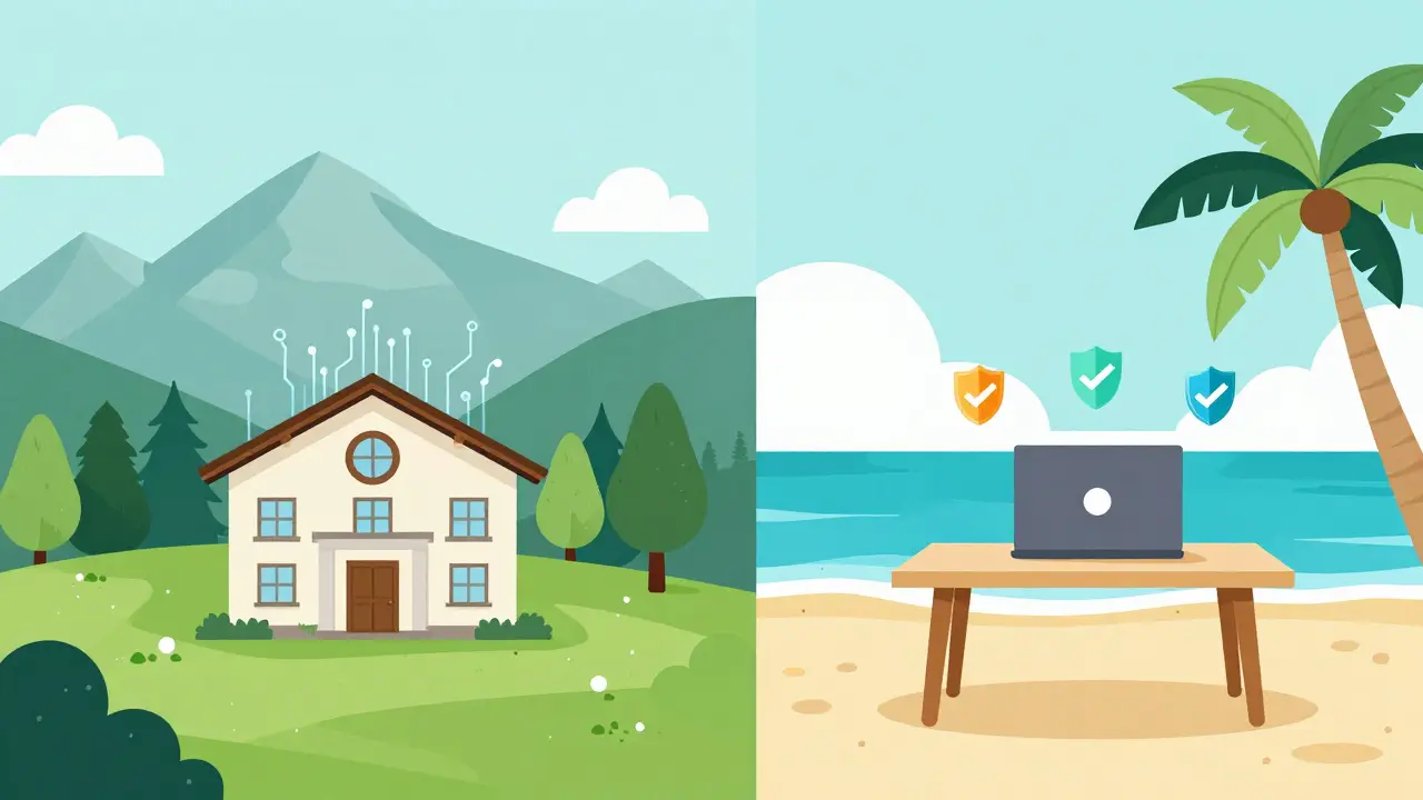 Flat illustration contrasting a digital Swiss bank in the mountains with a Panamanian beach.